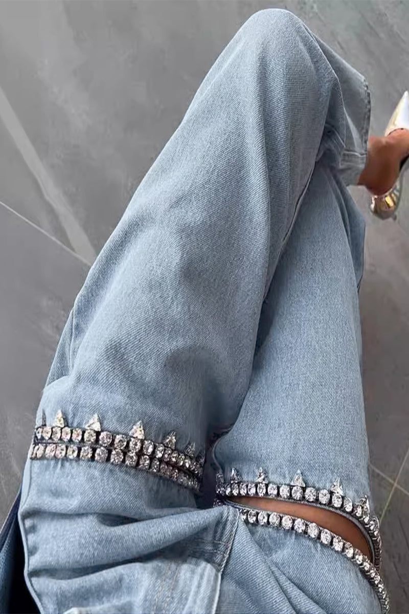 GR | Street Solid Color Rhinestone Decor High Waist Denim Jeans
