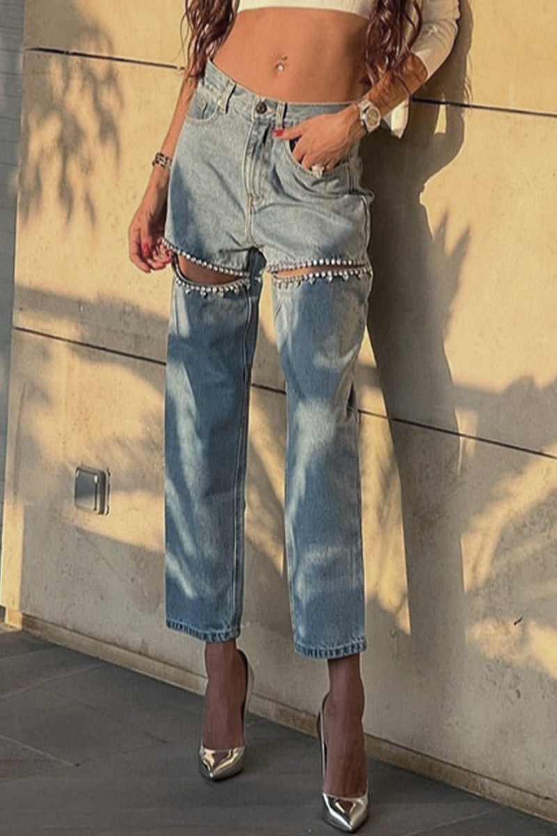 GR | Street Solid Color Rhinestone Decor High Waist Denim Jeans