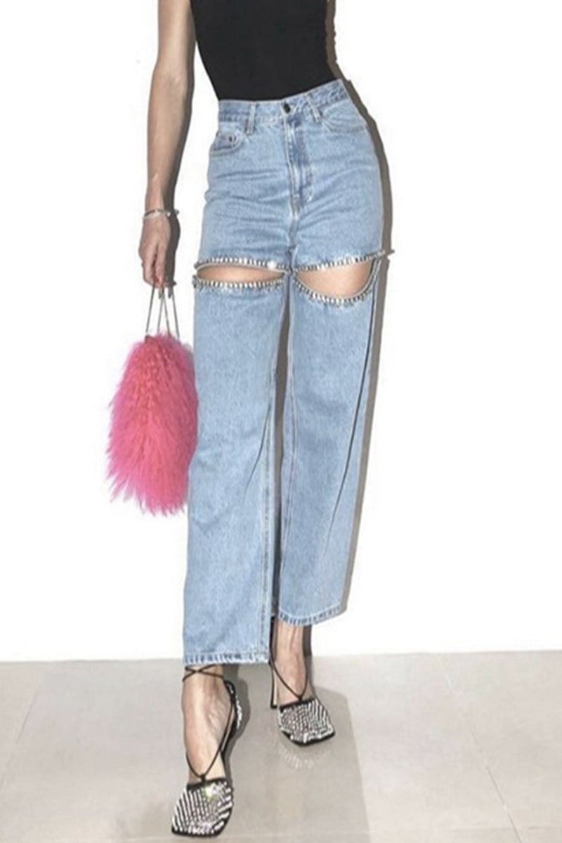 GR | Street Solid Color Rhinestone Decor High Waist Denim Jeans