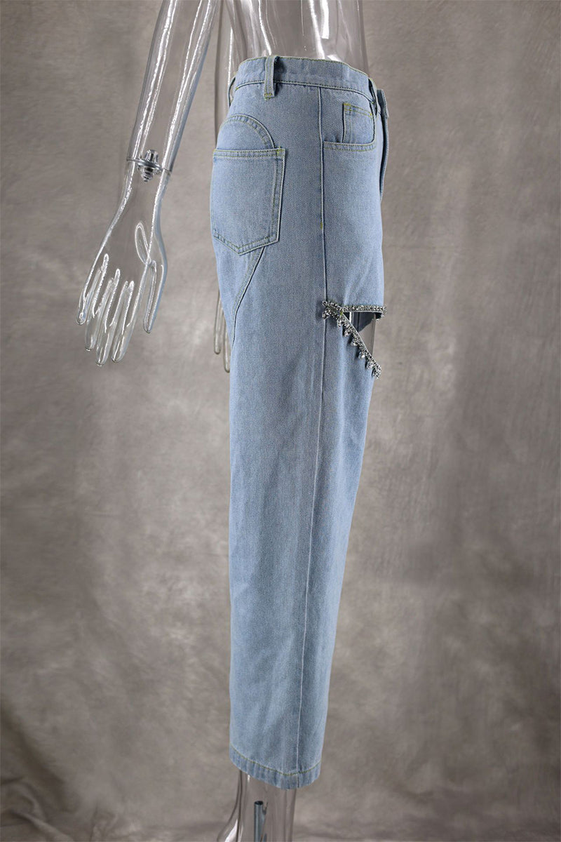 GR | Street Solid Color Rhinestone Decor High Waist Denim Jeans