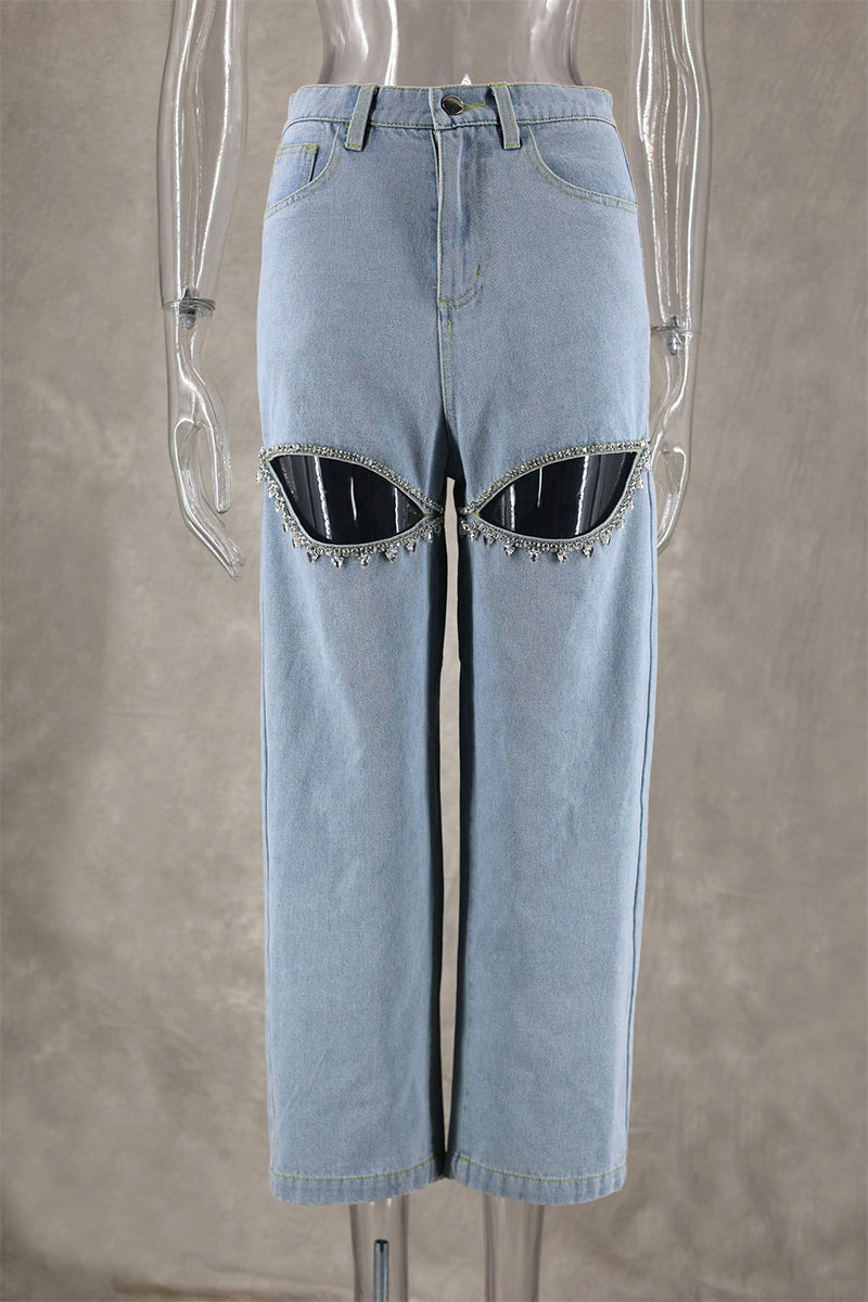 GR | Street Solid Color Rhinestone Decor High Waist Denim Jeans