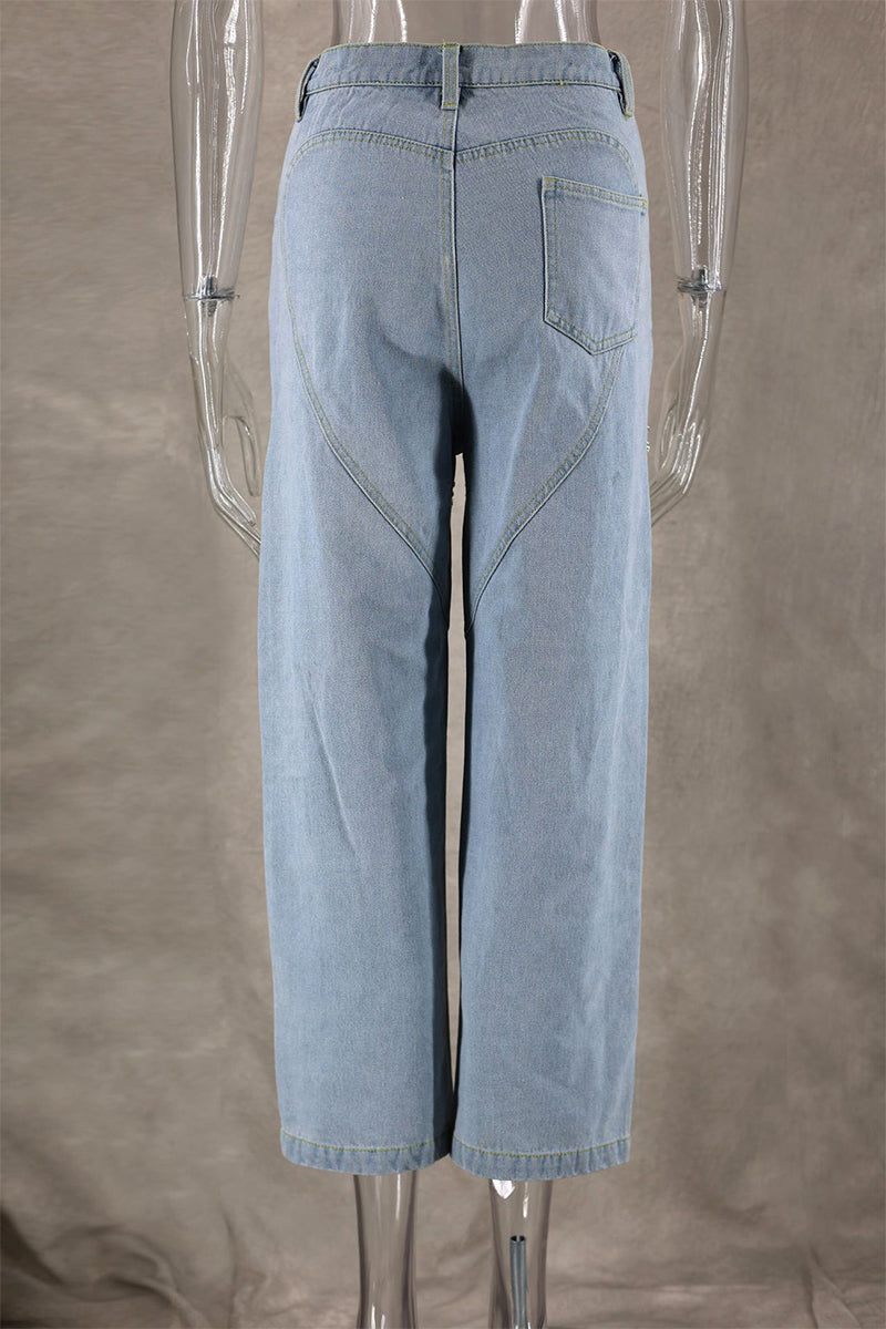 GR | Street Solid Color Rhinestone Decor High Waist Denim Jeans