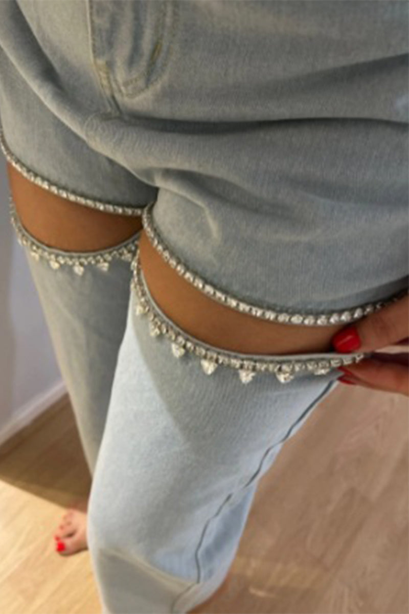 GR | Street Solid Color Rhinestone Decor High Waist Denim Jeans