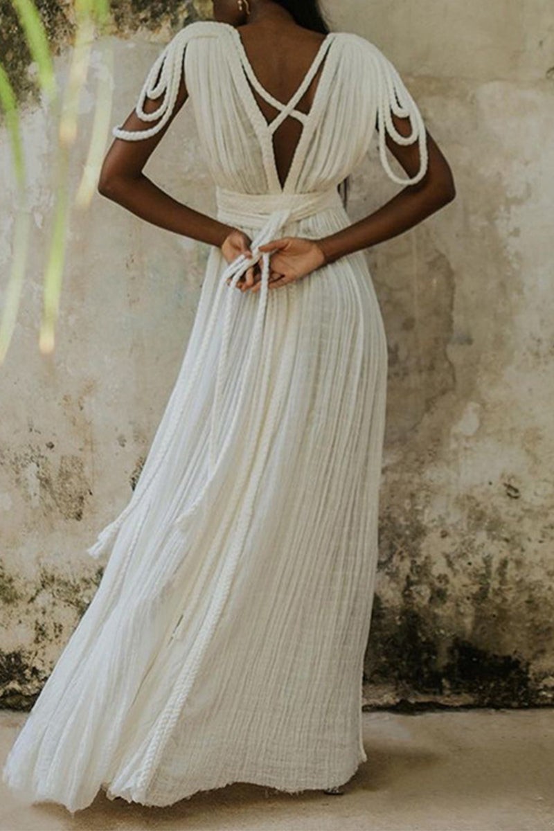 GR | Sexy Holiday Solid Color Slit Strappy Design V-Neck Beach Dresses
