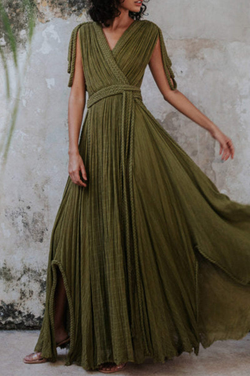 GR | Sexy Holiday Solid Color Slit Strappy Design V-Neck Beach Dresses