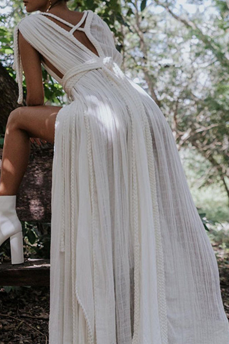 GR | Sexy Holiday Solid Color Slit Strappy Design V-Neck Beach Dresses