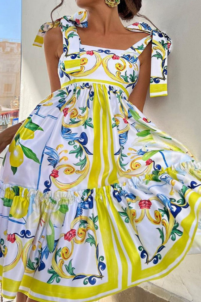 GR | Casual Print Lace-up Backless Spaghetti Strap A-Line Dresses