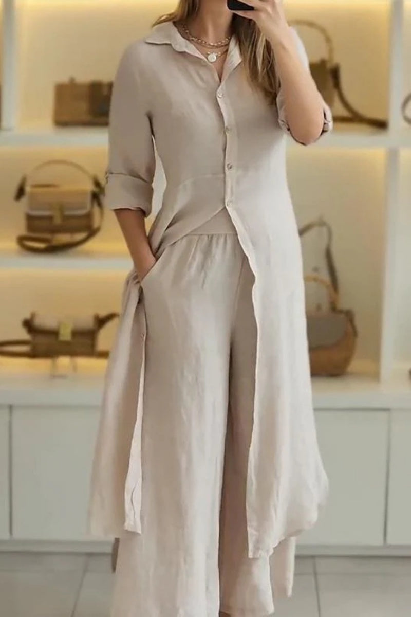 GR | Casual Solid Color Button-Up Shirt Collar Long Sleeve Two-Piece Set - 7 Colors