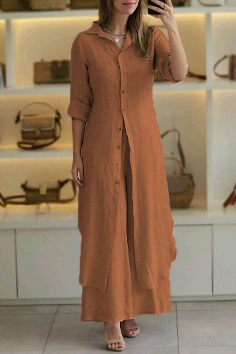 GR | Casual Solid Color Button-Up Shirt Collar Long Sleeve Two-Piece Set - 7 Colors