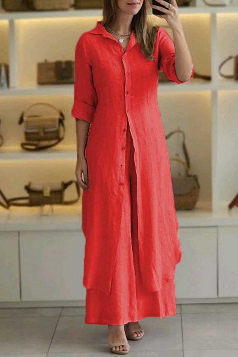 GR | Casual Solid Color Button-Up Shirt Collar Long Sleeve Two-Piece Set - 7 Colors