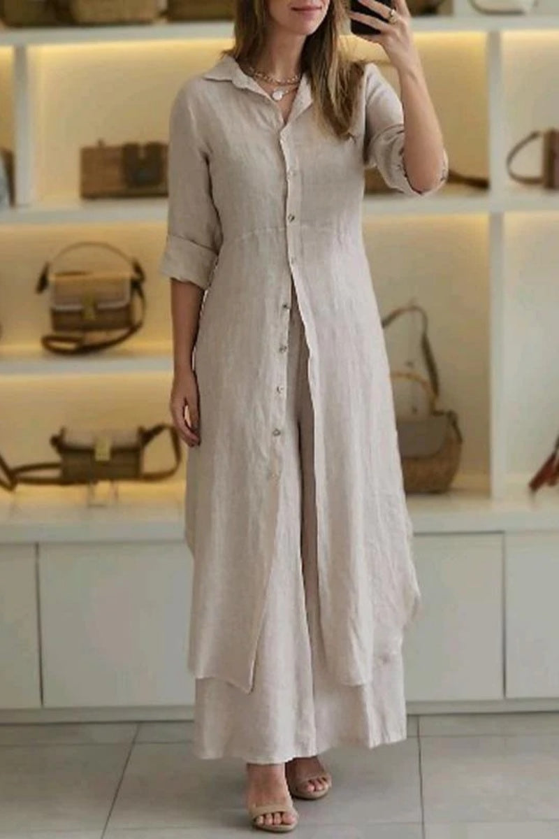 GR | Casual Solid Color Button-Up Shirt Collar Long Sleeve Two-Piece Set - 7 Colors