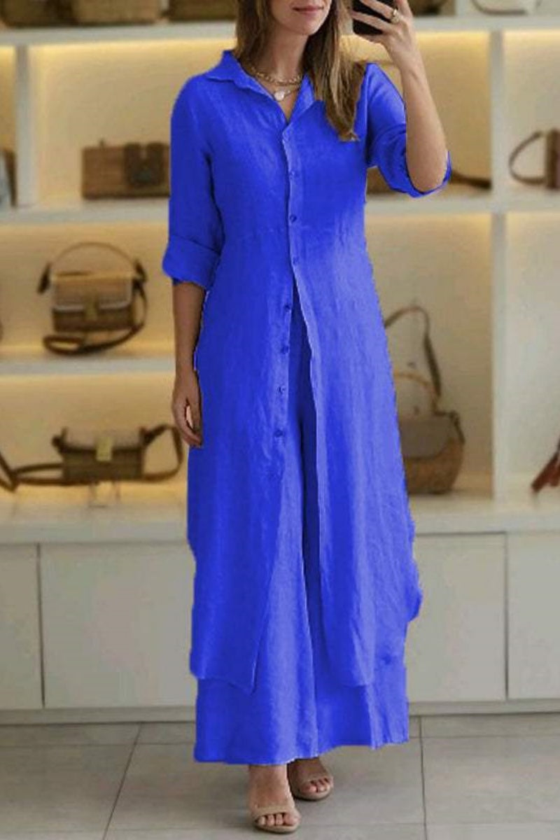 GR | Casual Solid Color Button-Up Shirt Collar Long Sleeve Two-Piece Set - 7 Colors