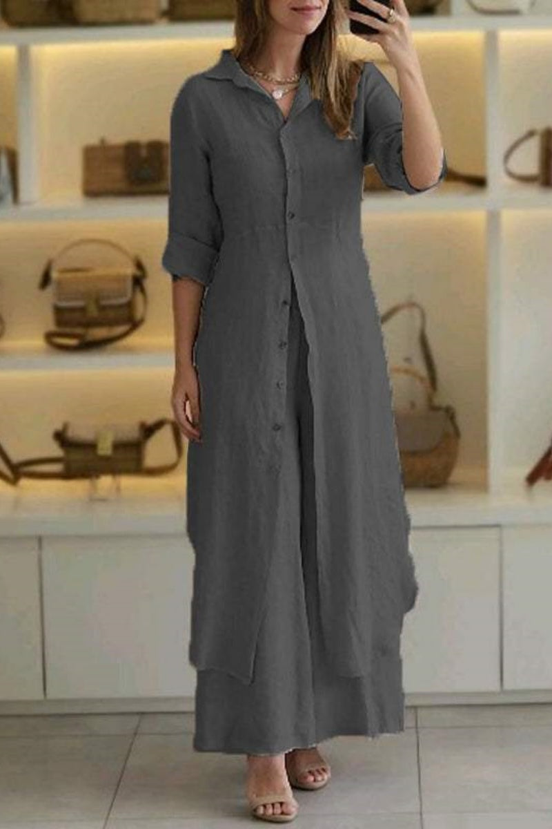 GR | Casual Solid Color Button-Up Shirt Collar Long Sleeve Two-Piece Set - 7 Colors