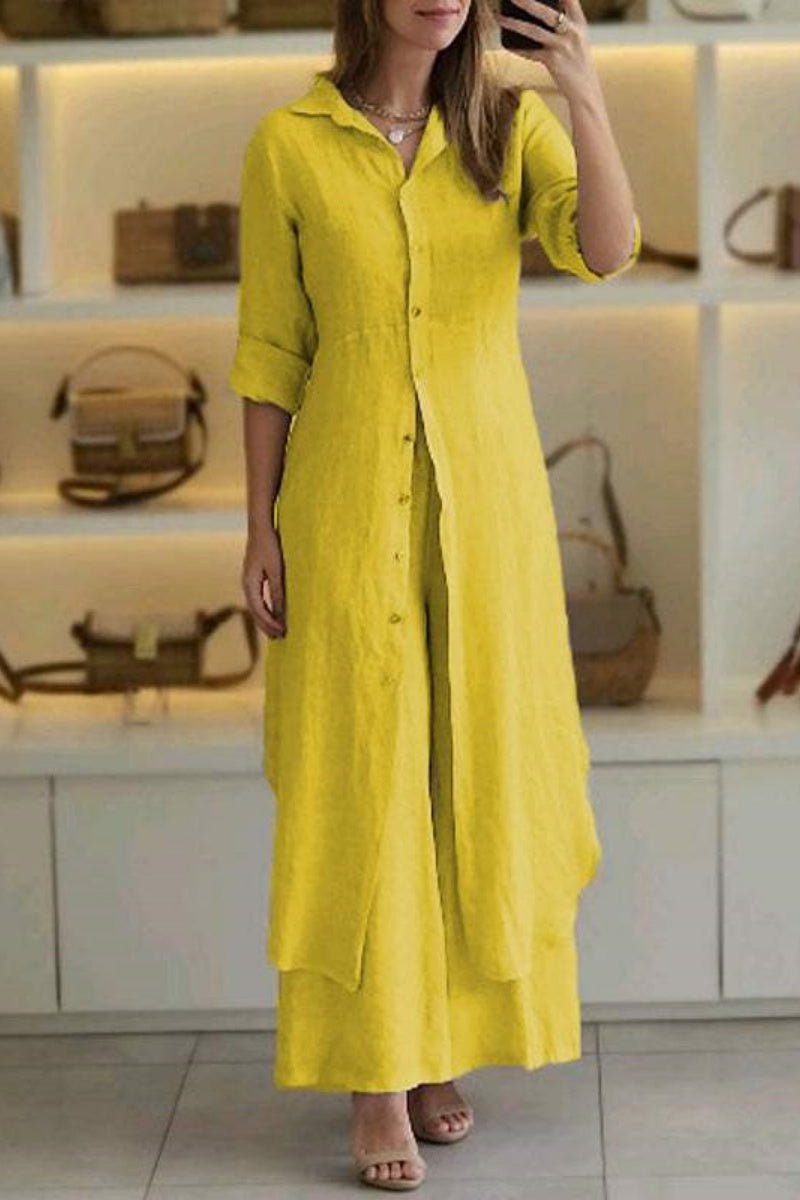 GR | Casual Solid Color Button-Up Shirt Collar Long Sleeve Two-Piece Set - 7 Colors