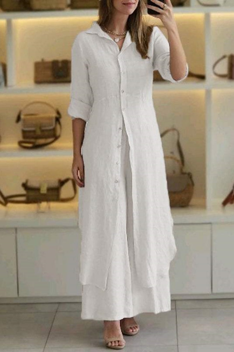 GR | Casual Solid Color Button-Up Shirt Collar Long Sleeve Two-Piece Set - 7 Colors