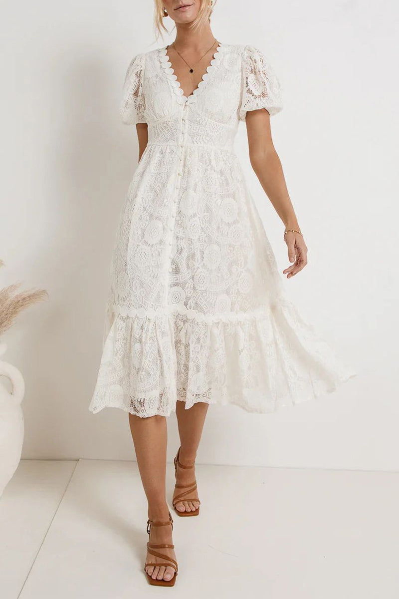 GR | Casual everyday solid color lace button V-neck A-line dresses - 4 colors