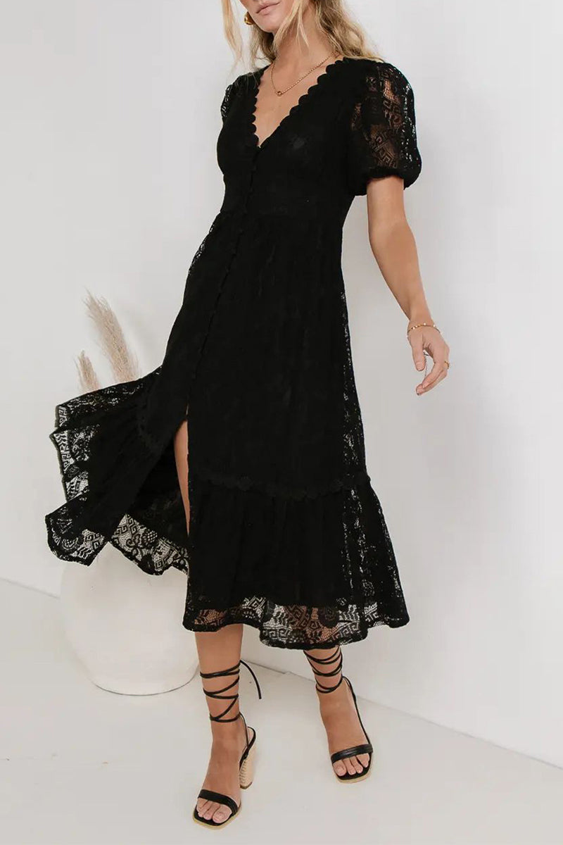 GR | Casual everyday solid color lace button V-neck A-line dresses - 4 colors