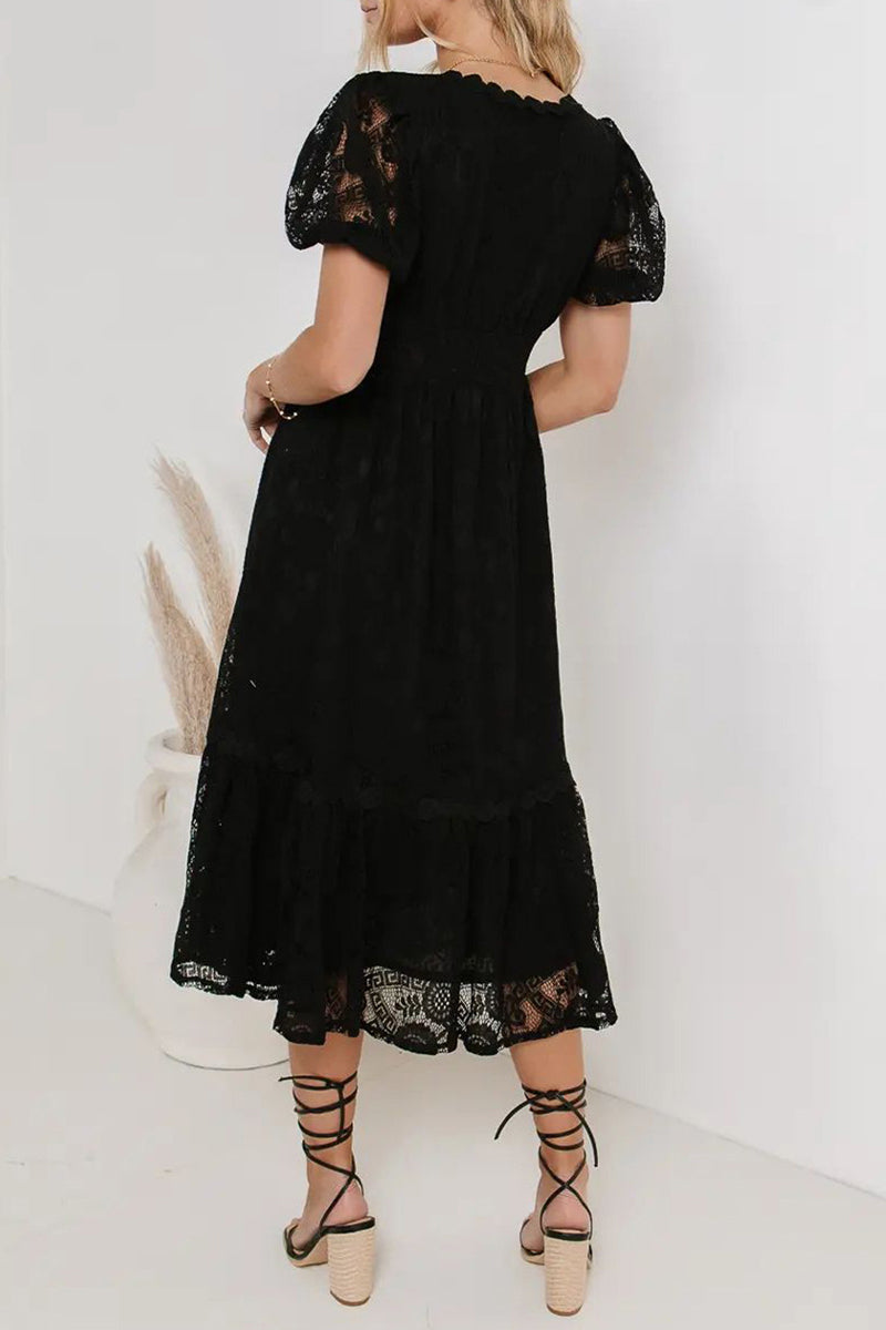 GR | Casual everyday solid color lace button V-neck A-line dresses - 4 colors