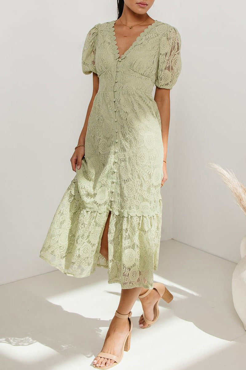 GR | Casual everyday solid color lace button V-neck A-line dresses - 4 colors