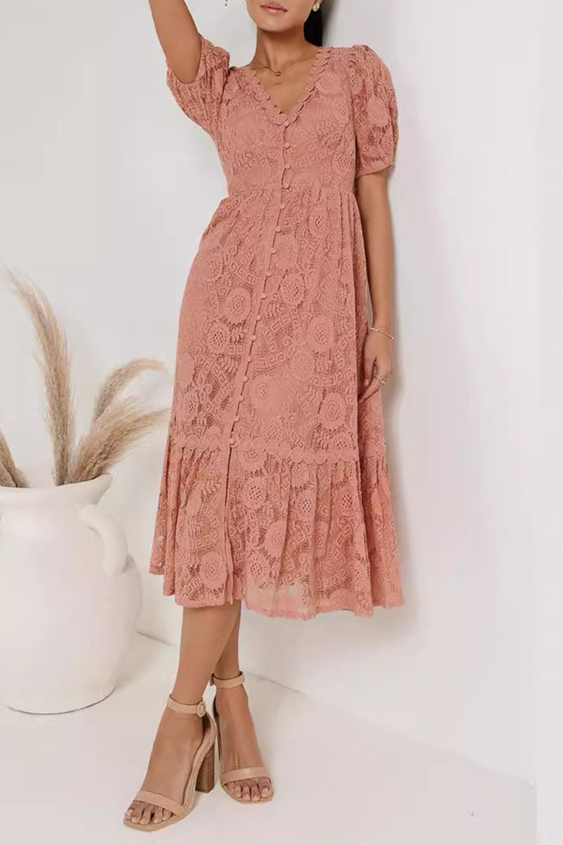 GR | Casual everyday solid color lace button V-neck A-line dresses - 4 colors