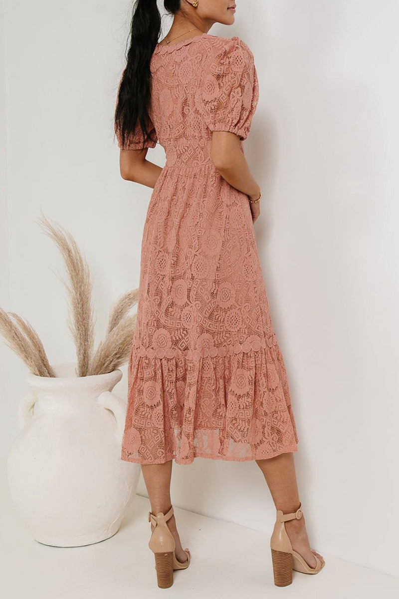 GR | Casual everyday solid color lace button V-neck A-line dresses - 4 colors