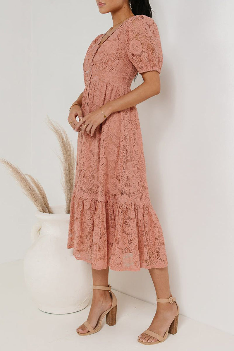 GR | Casual everyday solid color lace button V-neck A-line dresses - 4 colors