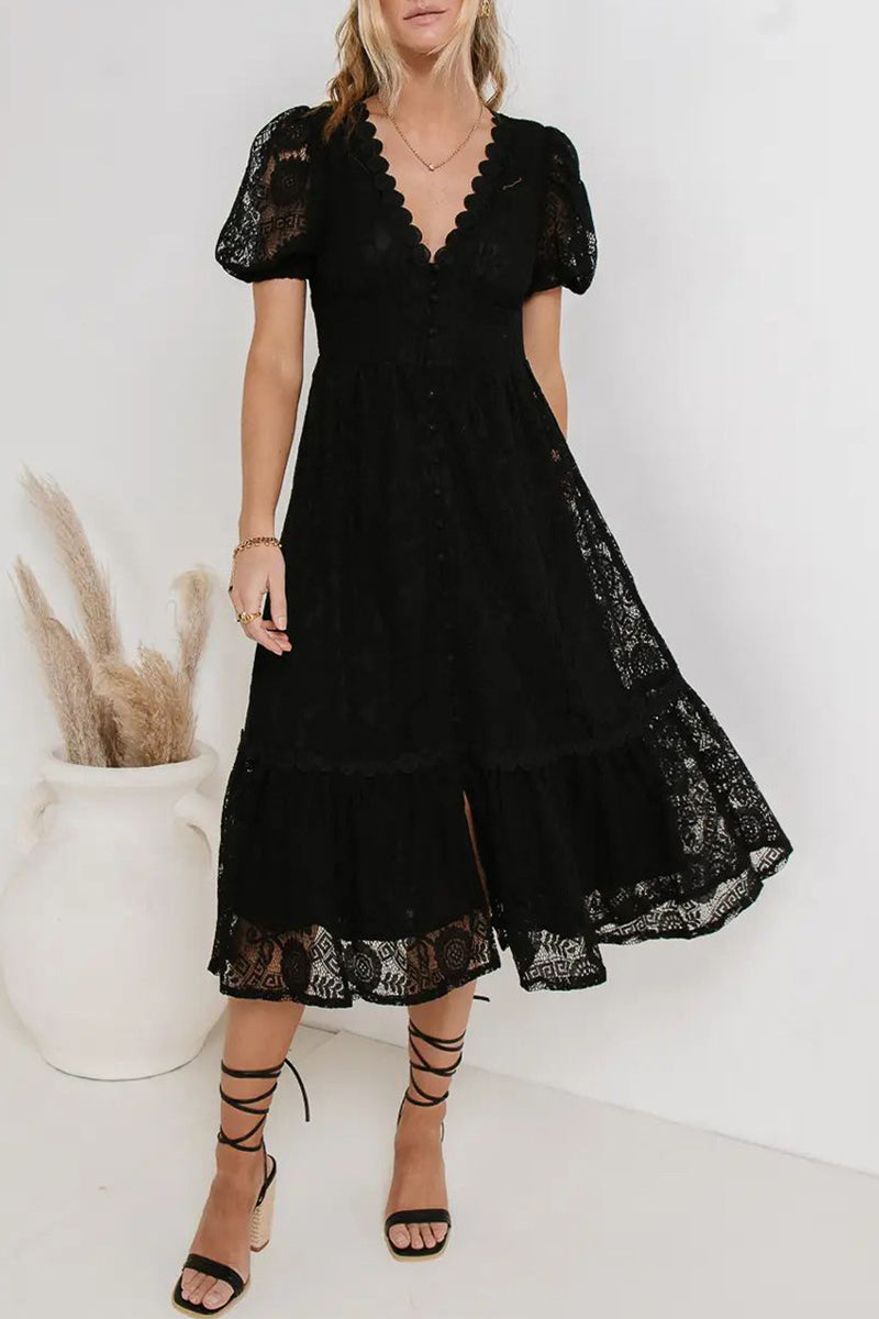 GR | Casual everyday solid color lace button V-neck A-line dresses - 4 colors