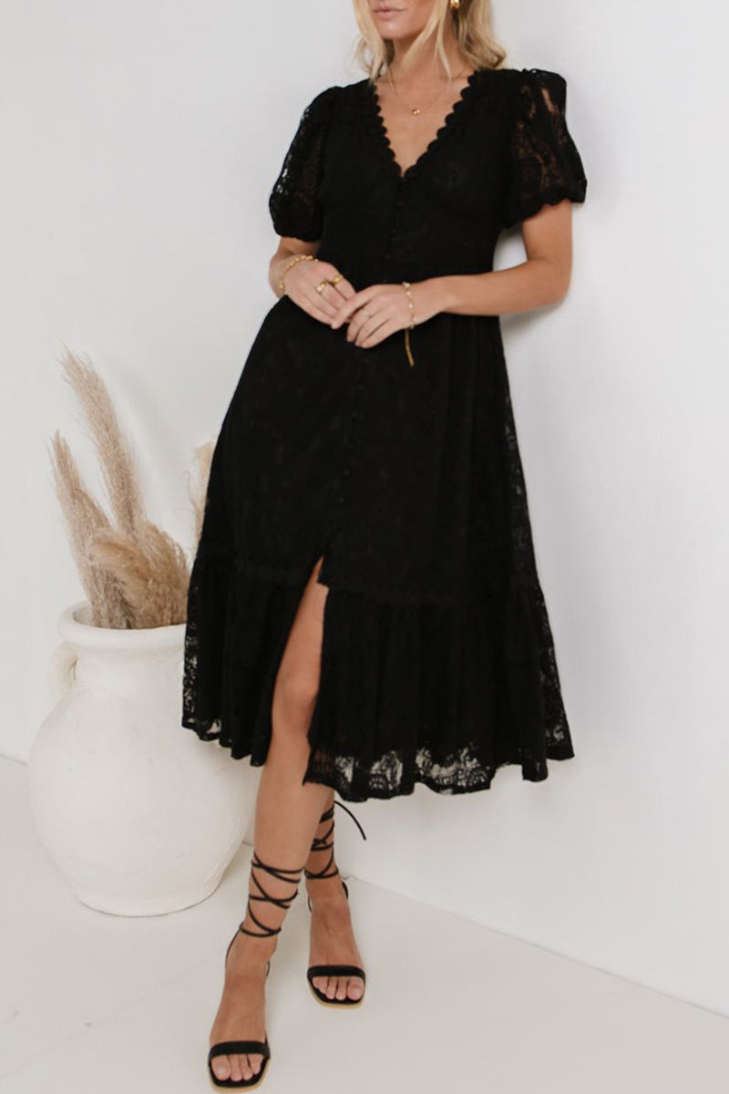 GR | Casual everyday solid color lace button V-neck A-line dresses - 4 colors