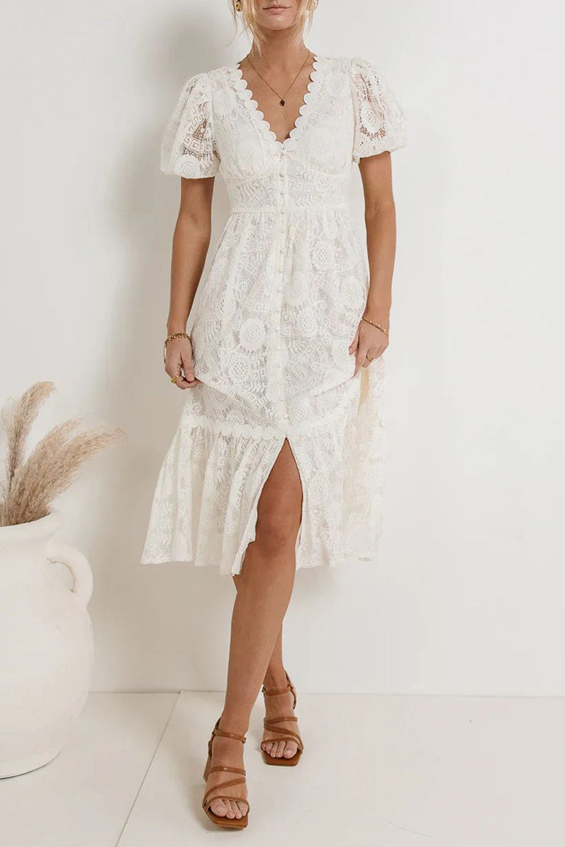 GR | Casual everyday solid color lace button V-neck A-line dresses - 4 colors
