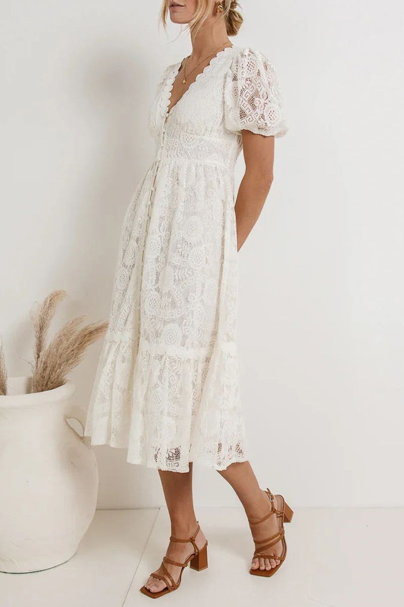 GR | Casual everyday solid color lace button V-neck A-line dresses - 4 colors