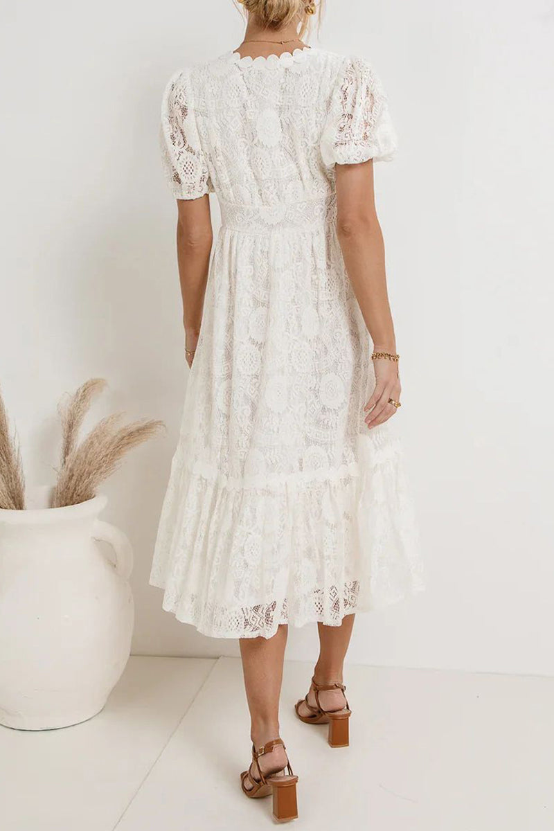 GR | Casual everyday solid color lace button V-neck A-line dresses - 4 colors