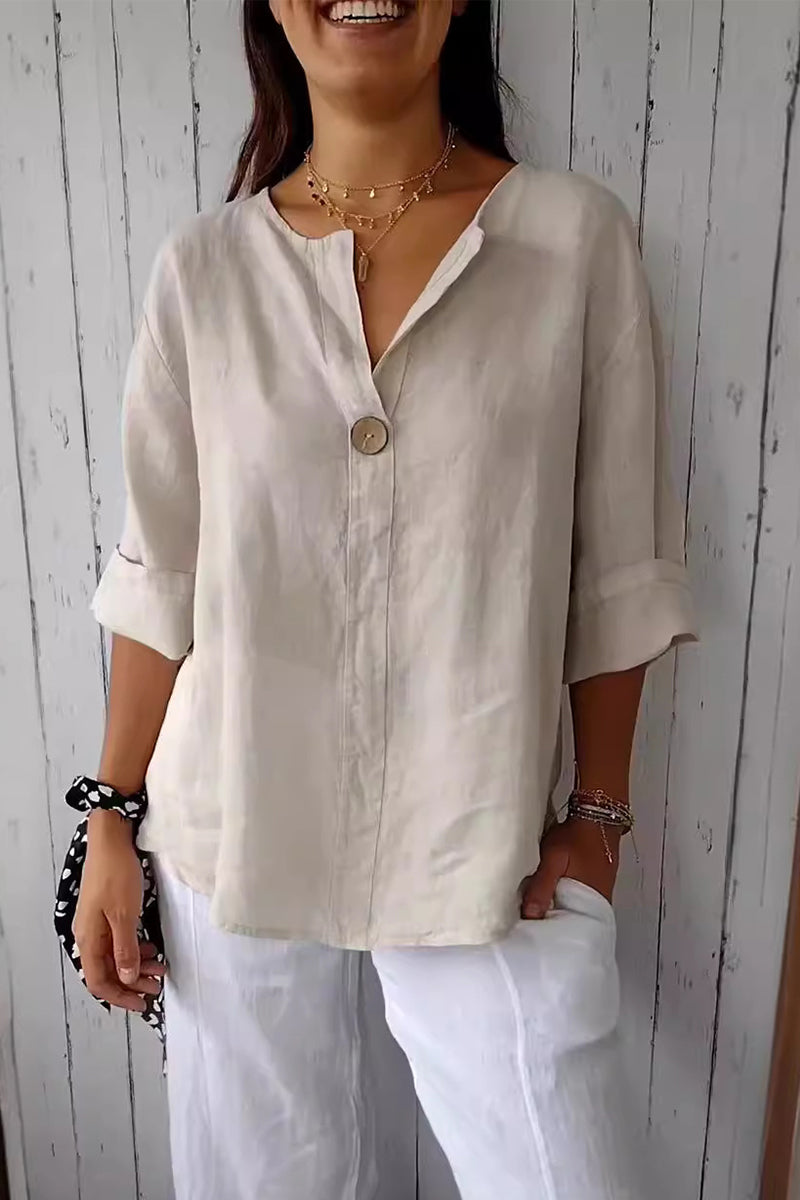 GR | Casual everyday solid color button V-neck T-shirts