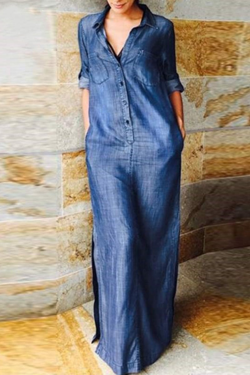 GR | Casual Solid Color Pocket Turn-Up Collar Long Sleeves Regular Denim Dresses - 3 Colors