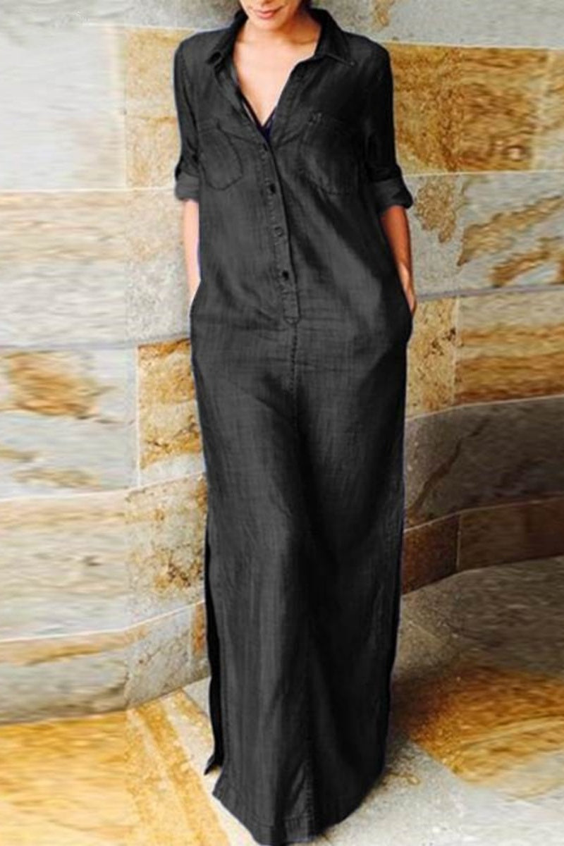 GR | Casual Solid Color Pocket Turn-Up Collar Long Sleeves Regular Denim Dresses - 3 Colors