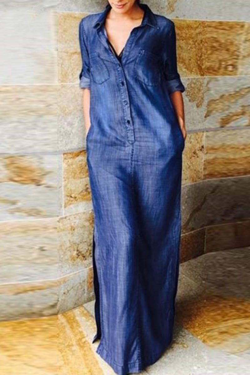 GR | Casual Solid Color Pocket Turn-Up Collar Long Sleeves Regular Denim Dresses - 3 Colors