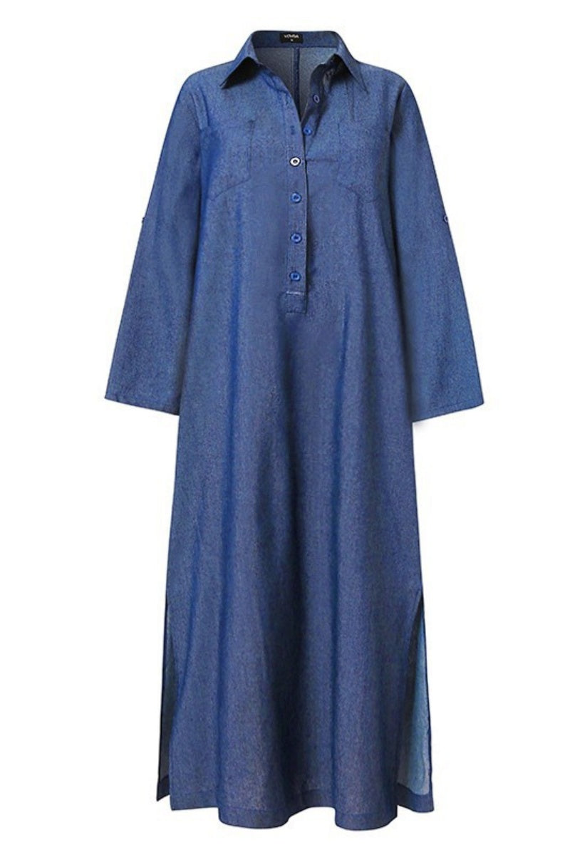 GR | Casual Solid Color Pocket Turn-Up Collar Long Sleeves Regular Denim Dresses - 3 Colors