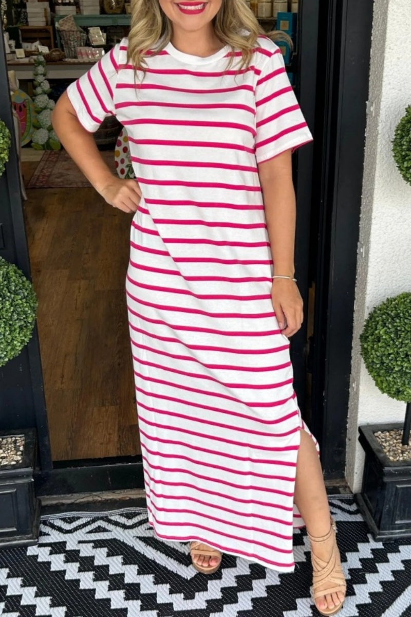 GR | Casual striped print slit O-neck long dresses - 6 colors