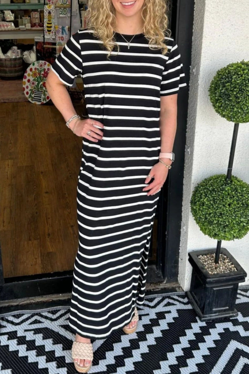 GR | Casual striped print slit O-neck long dresses - 6 colors