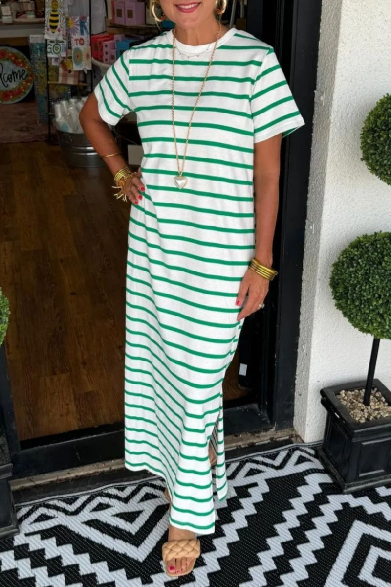 GR | Casual striped print slit O-neck long dresses - 6 colors