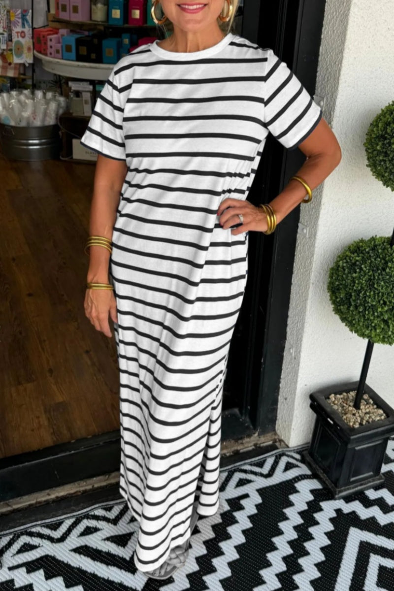 GR | Casual striped print slit O-neck long dresses - 6 colors