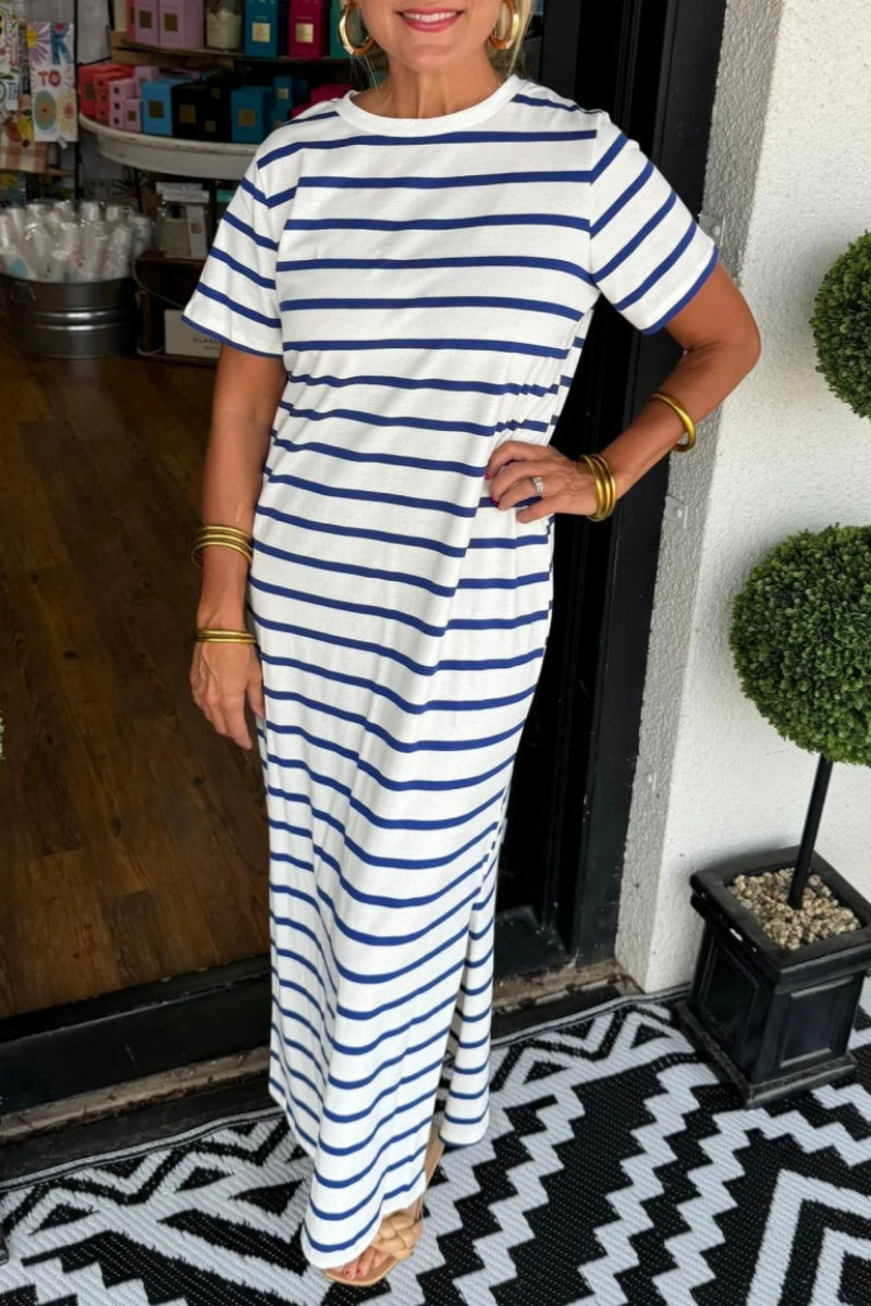 GR | Casual striped print slit O-neck long dresses - 6 colors