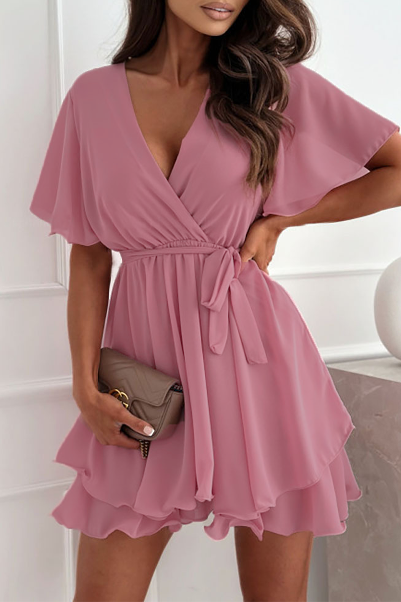 GR | Sexy Solid Color Lace Dress with Ruffled Cut, V-Neck, A-Line - 3 Colors