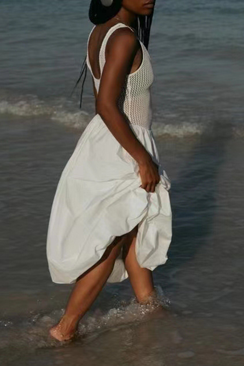 GR | Casual solid-color patchwork U-neck sleeveless dresses