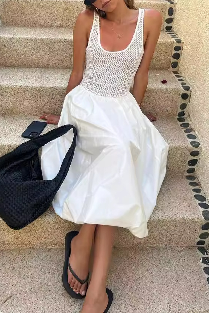GR | Casual solid-color patchwork U-neck sleeveless dresses