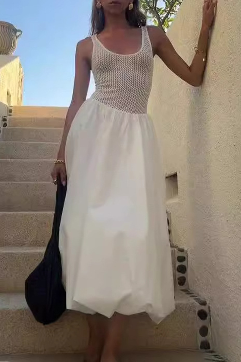 GR | Casual solid-color patchwork U-neck sleeveless dresses