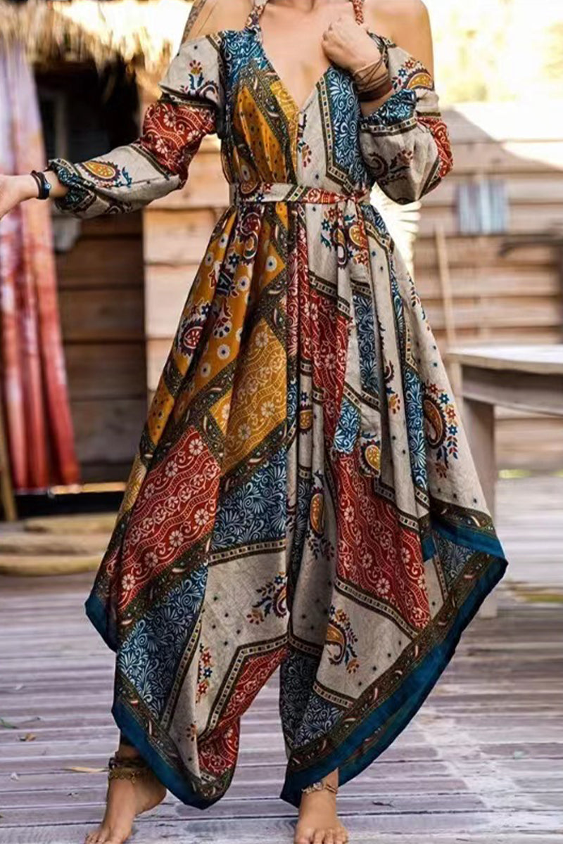 GR | Casual Street National Totem Print V-Neck Loose Jumpsuits