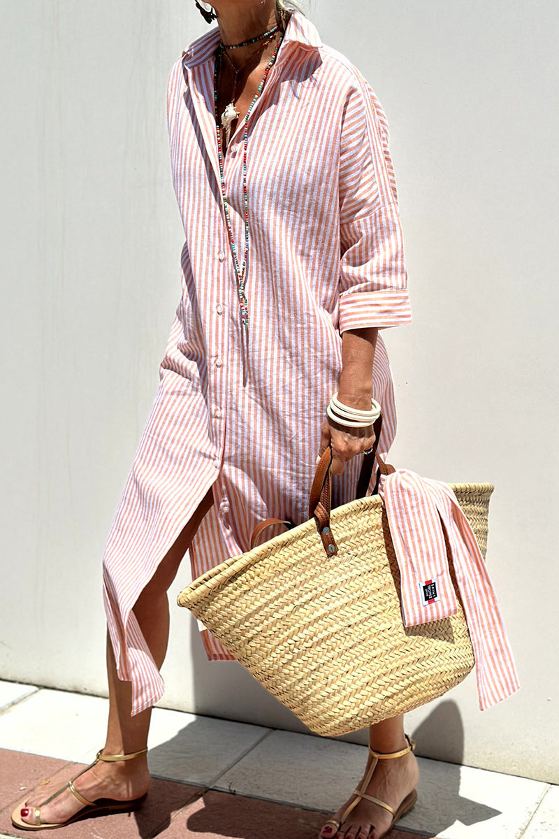 GR | Casual checkered striped print button-up shirt dresses with belt and turn-down collar - 5 colours