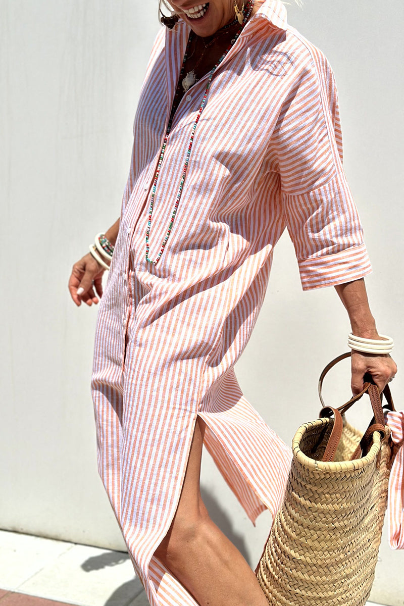 GR | Casual checkered striped print button-up shirt dresses with belt and turn-down collar - 5 colours