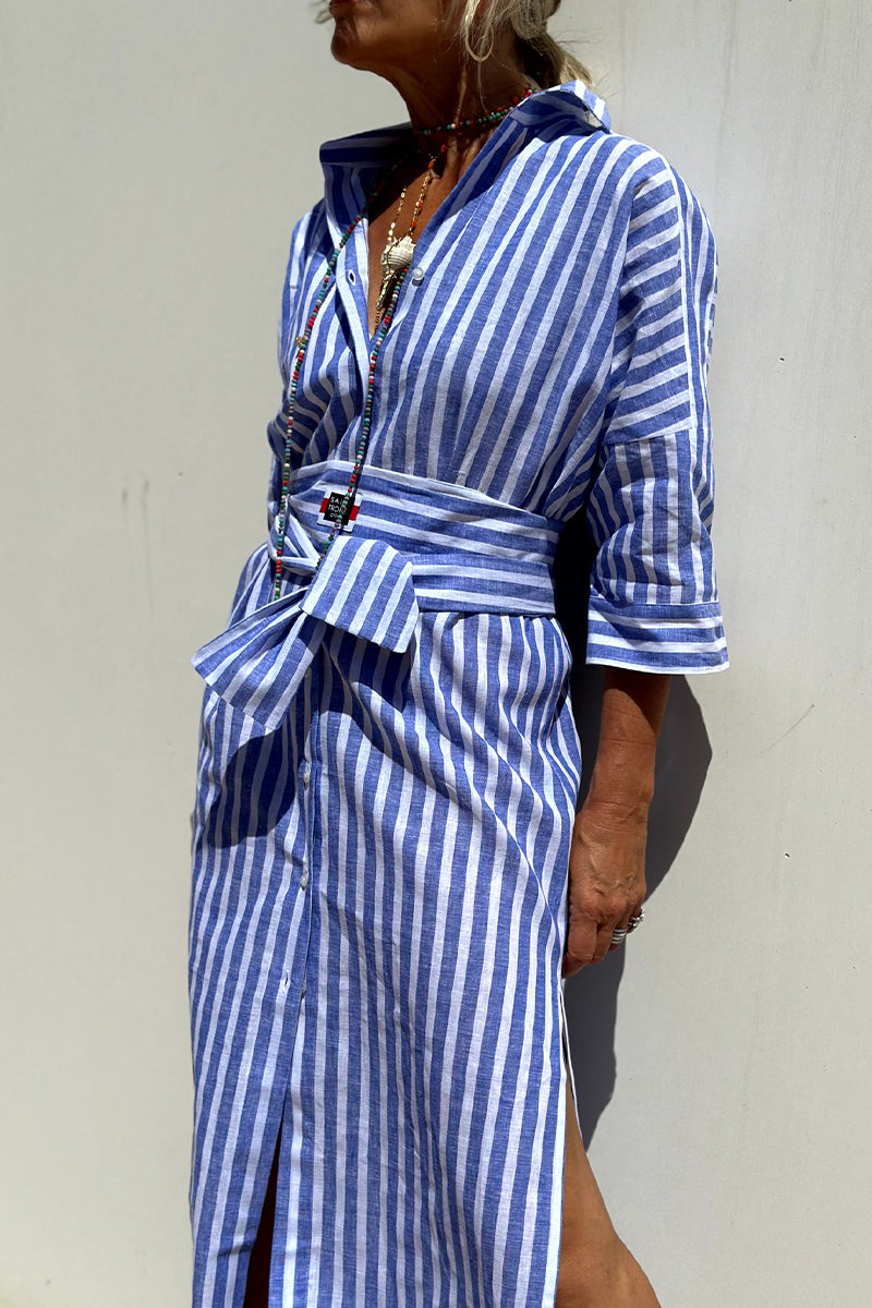 GR | Casual checkered striped print button-up shirt dresses with belt and turn-down collar - 5 colours
