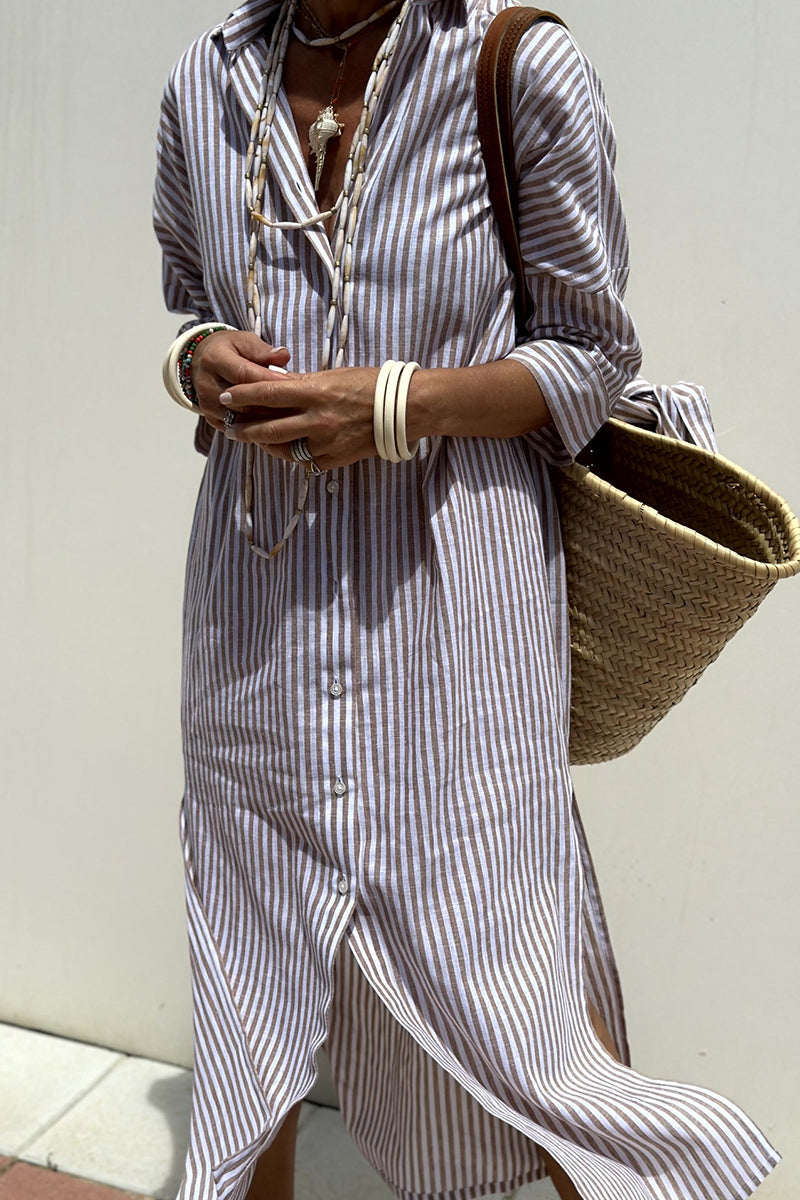 GR | Casual checkered striped print button-up shirt dresses with belt and turn-down collar - 5 colours